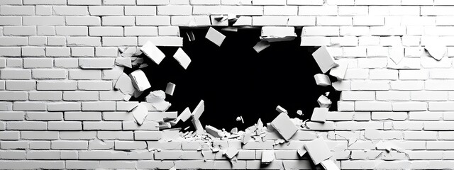 3D hole in a white brick wall with pieces flying out, vector illustration. Wall of bricks broken through with cracks, debris, and a black background