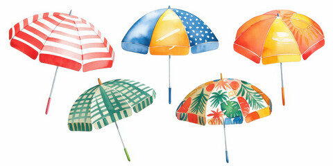 Watercolor Beach Umbrella Collection:  A vibrant set of five watercolor beach umbrellas, showcasing various patterns and colors. Perfect for summer-themed designs, invitations, and more.  