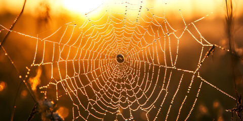 Golden Morning Light on a Dewy Spider Web