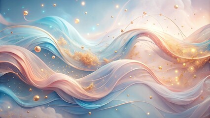 Abstract Pastel Waves with Golden Accents and Shimmering Particles