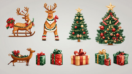 Festive Christmas elements including a gingerbread cookie, reindeer, sleigh with gifts, and a decorated Christmas tree on a transparent background for holiday designs
