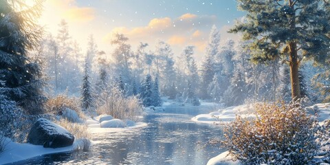 Fototapeta premium Winter sunny landscape featuring a beautiful forest setting, showcasing the serene beauty of a winter sunny landscape and its tranquil forest surroundings for a perfect seasonal view.