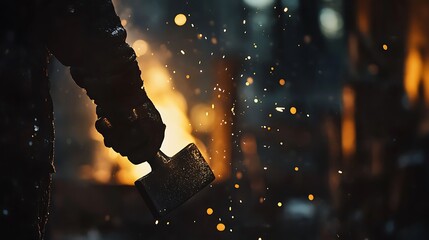 A blacksmith holding a hammer with sparks flying from a glowing forge in the blurred background, dim workshop Blue collar job
