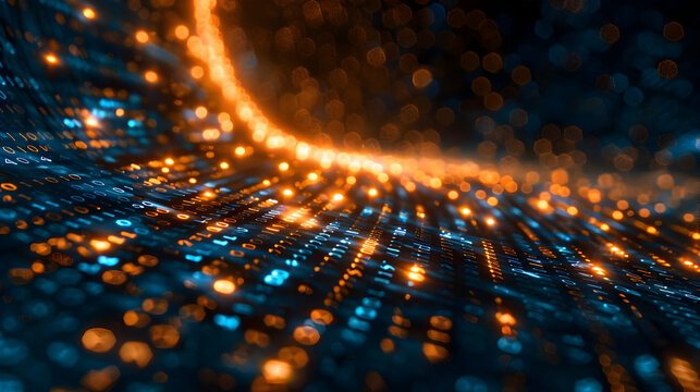 Abstract 3D Digital Data Flowing with Glowing Binary Code, Illuminated with Orange and Blue Lights, Creating a Dynamic Background