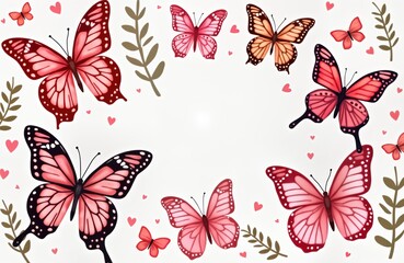 Fototapeta premium Watercolor illustration of colorful butterflies. Pink butterfly prominent. Decorative elements include small hearts, leaves. Perfect for baby shower designs, party invitations, birthday celebrations.
