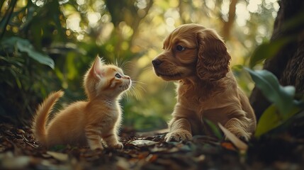 Obraz premium Playful puppy playing with kitten.