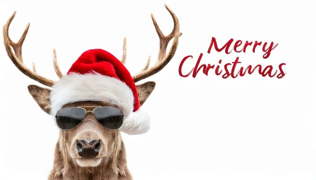 Frohe Weihnachten Urlaub Winter Gru&szlig;karte mit deutschem Text - Cooles Rentier Hirsch mit Weihnachtsmannm&uuml;tze und Sonnenbrille, isoliert auf weissem Hintergrund
