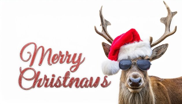 Frohe Weihnachten Urlaub Winter Gru&szlig;karte mit deutschem Text - Cooles Rentier Hirsch mit Weihnachtsmannm&uuml;tze und Sonnenbrille, isoliert auf weissem Hintergrund