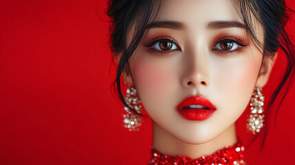 Fototapeta premium Elegant woman with red lipstick and earrings against a vibrant red background, showcasing beauty and style.