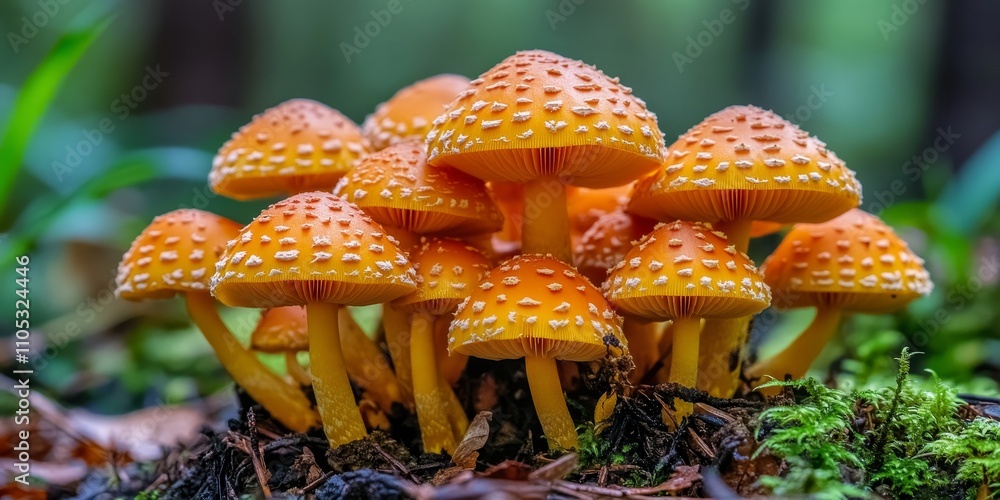 Poster cluster of jack o lantern mushrooms found on the forest floor, showcasing the unique features of jac