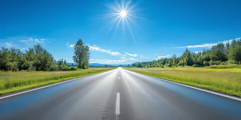 Obraz premium Sunny summer highway road scene featuring a clear blue sky, showcasing the beauty of the highway road during the vibrant summer season, perfect for capturing the essence of summer travels.