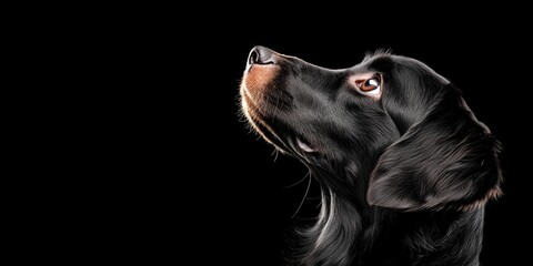 A close-up of a black dog with an expressive face, gazing upward against a dark background.