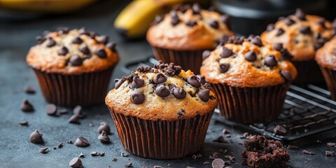 Homemade bakery features delightful banana muffins sprinkled with chocolate chips. These banana muffins, made from banana flour, sugar, and chocolate, are a popular dessert choice with tea or coffee.