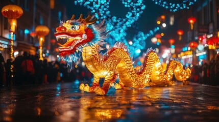 Fototapeta premium Lantern-lit dragon procession on urban street