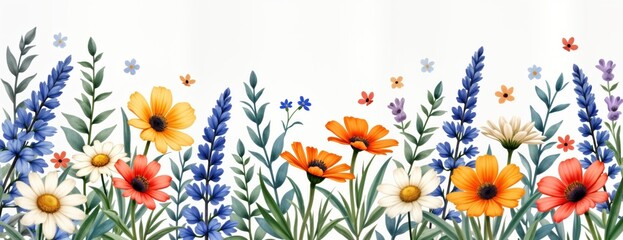 Obraz premium Watercolor illustration of wildflowers. Colorful flowers like daisies, calendula, lavender. Branches, leaves create garland. Seamless pattern, ideal for greeting cards invitations. Summer theme with