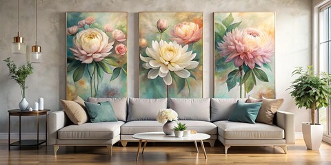 Serene Living Room with Triptych Floral Artwork Featuring Pastel Peonies and Dahlias