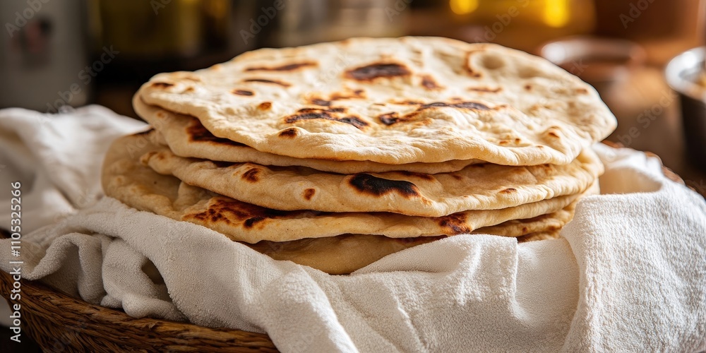 Aufkleber freshly baked flatbread stacked neatly and wrapped in a kitchen towel, showcasing the warm and invit