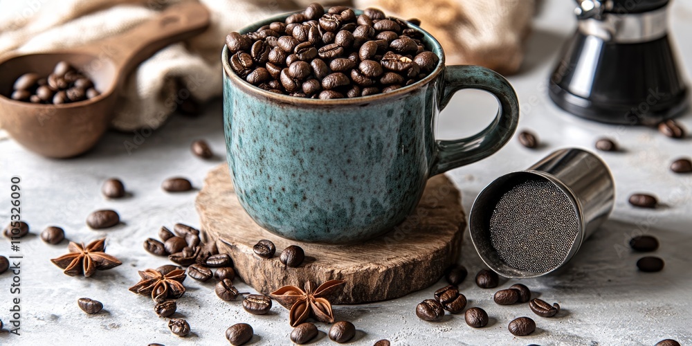 Poster Roasted coffee beans and star anise are displayed in a mug along with a scoop and coffee grinder, creating an inviting scene for coffee enthusiasts. Perfect for showcasing roasted coffee beans.