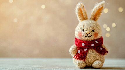 Fototapeta premium A Christmas tree toy in the shape of a small smiling bunny, made of soft, delicate material, standing on a table.