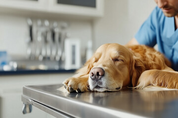 A golden retriever lies peacefully on a veterinary table during a checkup, cared for by a veterinarian in blue scrubs. The frame includes enough empty space for adding text
