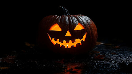 Fototapeta premium A Carved Pumpkin Glowing with a Warm Orange Light on a Dark Night, Surrounded by Fallen Leaves