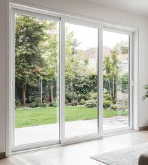Triple sliding doors with wide glass windows offering a backyard garden view.