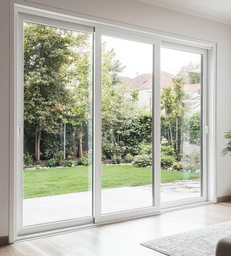 Fototapeta Triple sliding doors with wide glass windows offering a backyard garden view.