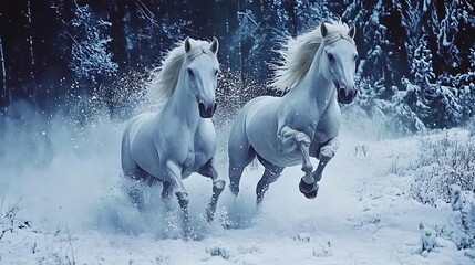 Fototapeta premium Two galloping snow-white horses