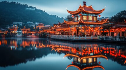 Fototapeta premium Lanterns reflected on temple lake