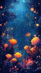 Game level. Cartoon underwater landscape with seaweed, corals, bioluminescent plankton, glowing air bubles. Game mock up image faitytale magic under water background with, corals, shells, blue water