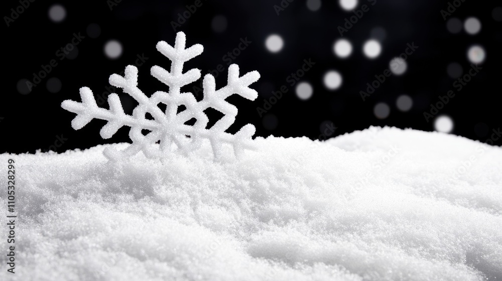 Poster beautiful close-up of a delicate snowflake resting on fluffy white snow with blurred bokeh lights in