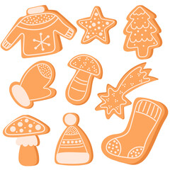 Christmas Gingerbread Cookies. Winter sweet homemade biscuits in different shapes isolated on white background.