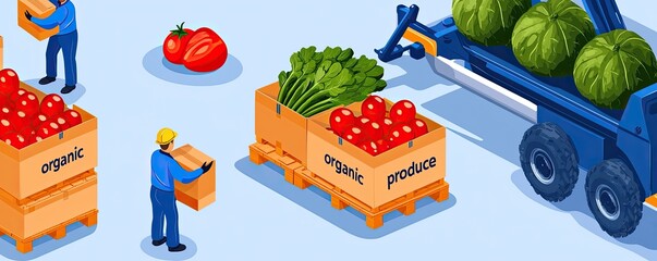 A colorful illustration of workers handling fresh vegetables and fruits, showcasing boxes of produce and a vehicle transporting watermelons.