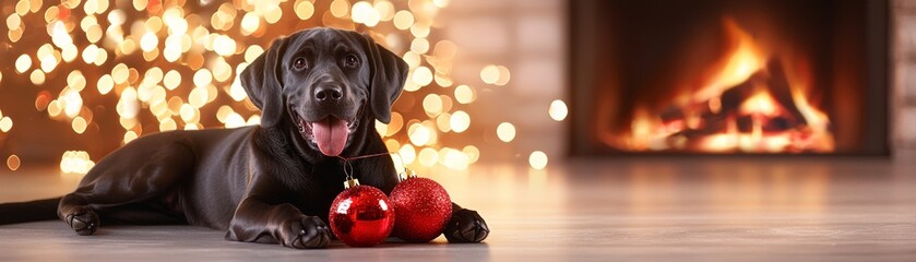 A playful black dog lies on a cozy floor, surrounded by sparkling lights and a warm fireplace, with festive ornaments in its paws.