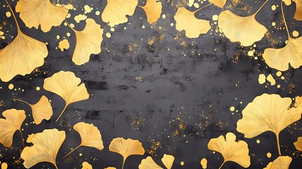 3D wallpaper with golden ginkgo leaves on a grey background, golden and yellow gnomes in the style of Japanese woodblock print art. Golden background,