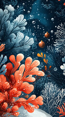 Game level. Cartoon underwater landscape with seaweed, corals, bioluminescent plankton, glowing air bubles. Game mock up image faitytale magic under water background with, corals, shells, blue water