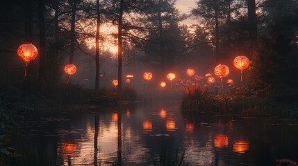 Lanterns reflected on a quiet forest pond