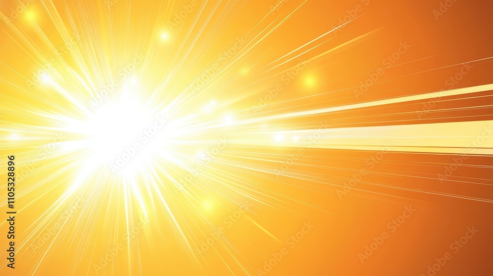 Poster bright radiance exploding from center with vibrant orange background and dynamic light rays creating