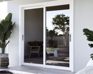 White sliding glass doors with large panels, offering a modern outdoor view.