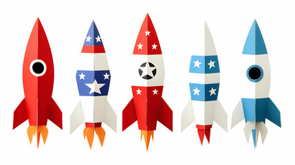 Five Paper Rocket Models with Red, White, and Blue Designs, Decorated with Stars,  Ready to Launch into Imagination