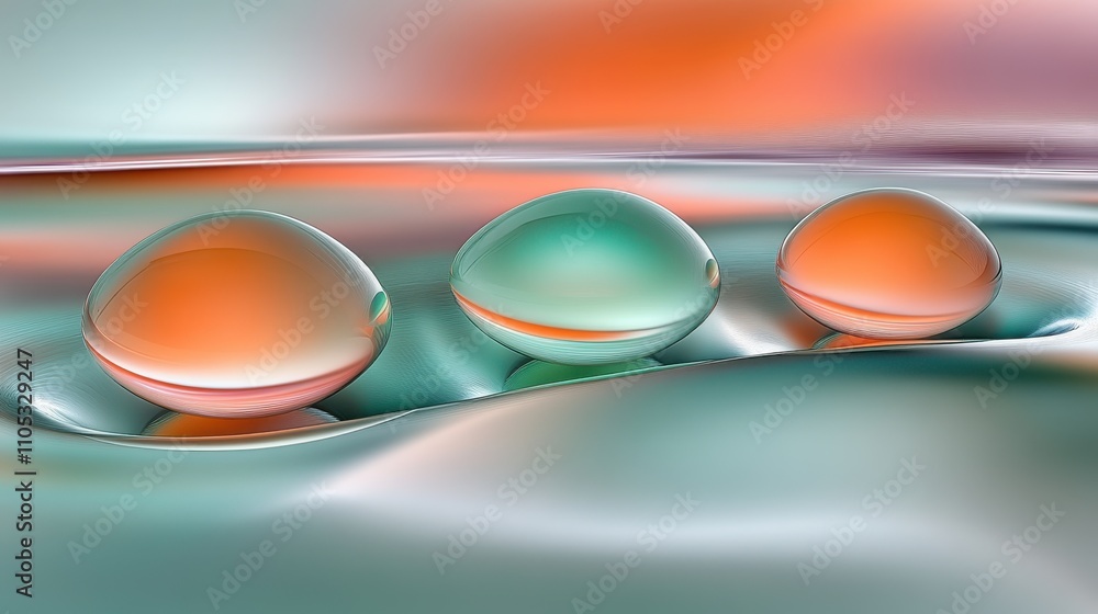 Poster abstract image of colorful water drops on a smooth surface with soft gradients in shades of orange a