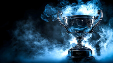 A Shiny Silver Trophy with Ornate Details Stands on a Black Surface Surrounded by a Smoky Mist, Blue Smoke Curls Upwards Around It.