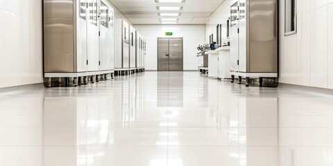A clean, bright hallway in a modern facility, featuring shiny floors and storage units on either side, conveying a sense of order and professionalism.