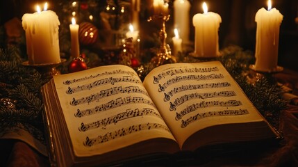 Open music book with sheet music surrounded by lit candles and Christmas decorations.