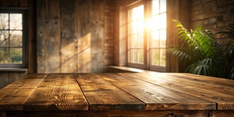 Rustic Wooden Tabletop in a Sunlit Room with a Window and Plant
