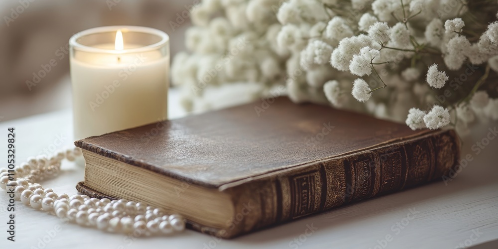Poster a rustic style book rests on a white table, accompanied by a candle and a pearl necklace, creating a