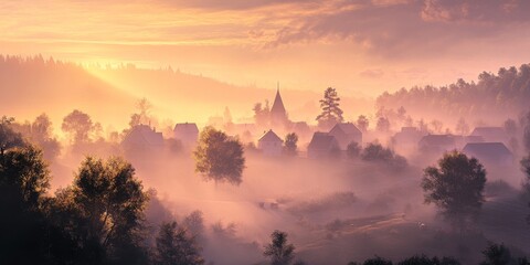 Obraz premium Misty village landscape at sunrise showcasing the beauty of fog in the early morning. The serene fog in the village creates a captivating scene during sunrise. Fog enhances the picturesque moment.