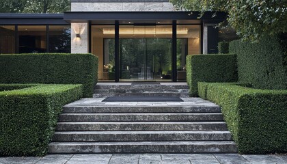 Fototapeta premium Clean British entry with glass door, stone steps, and hedges for a refined look.