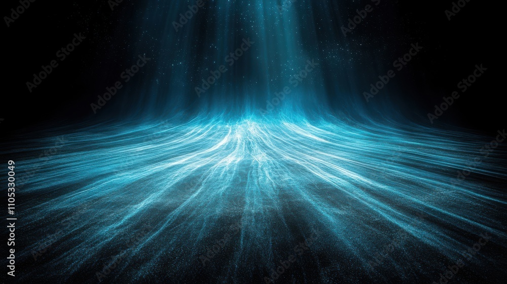 Poster ethereal light rays illuminate a tranquil ocean surface with abstract patterns in shades of blue, cr