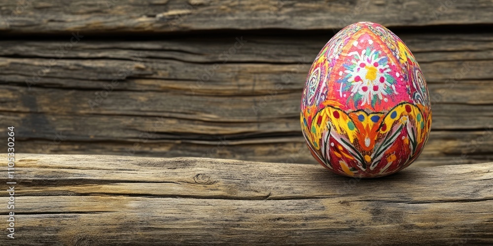 Poster easter egg displayed atop a rustic wooden background, featuring vibrant colors and intricate designs